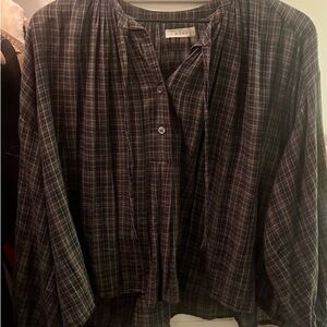 Doen Navy and Brown Plaid Cotton Blouse